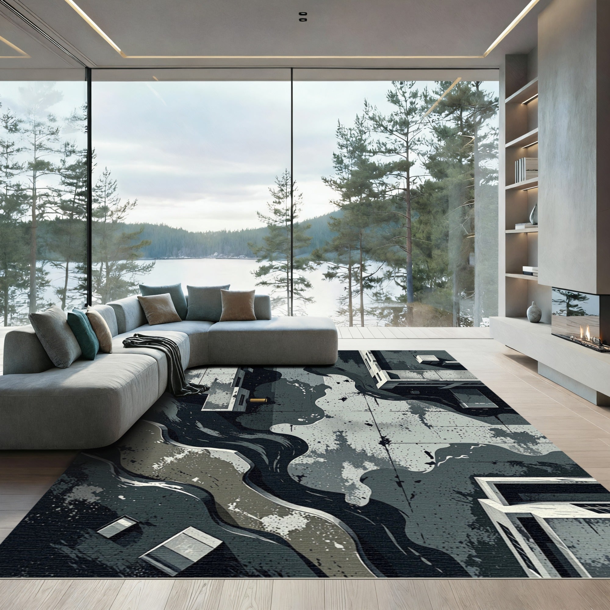 Abstract Slate Industrial Concrete Stream Rug