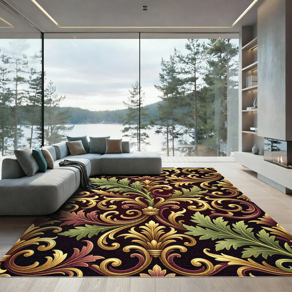 Ornate Gold Green Acanthus Flourish Rug
