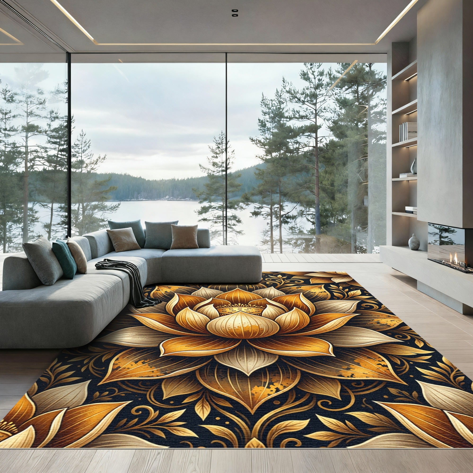 Golden Lotus Floral Mandala Art Rug