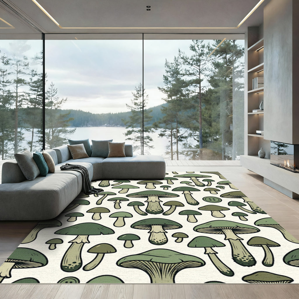 Whimsical Sage Mushroom Forest Illustration Rug