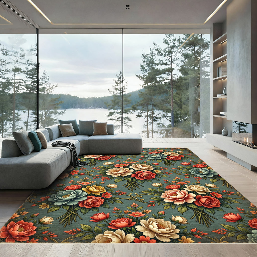 Elegant Sage Floral Bouquet Tapestry Rug