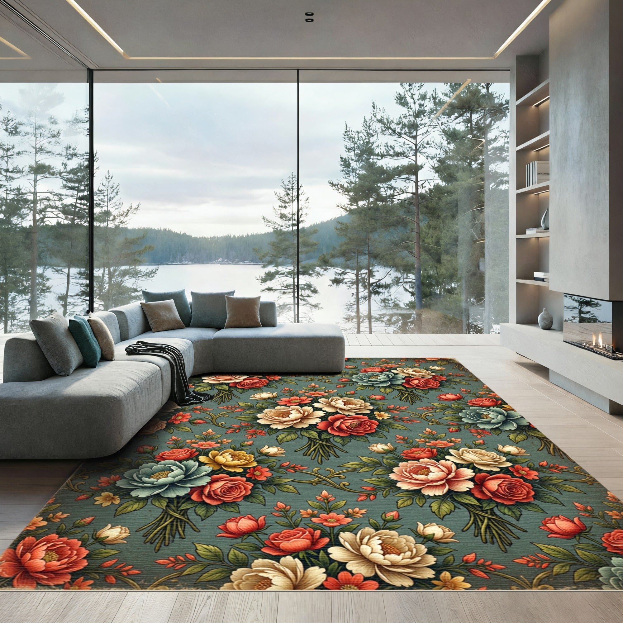 Elegant Sage Floral Bouquet Tapestry Rug