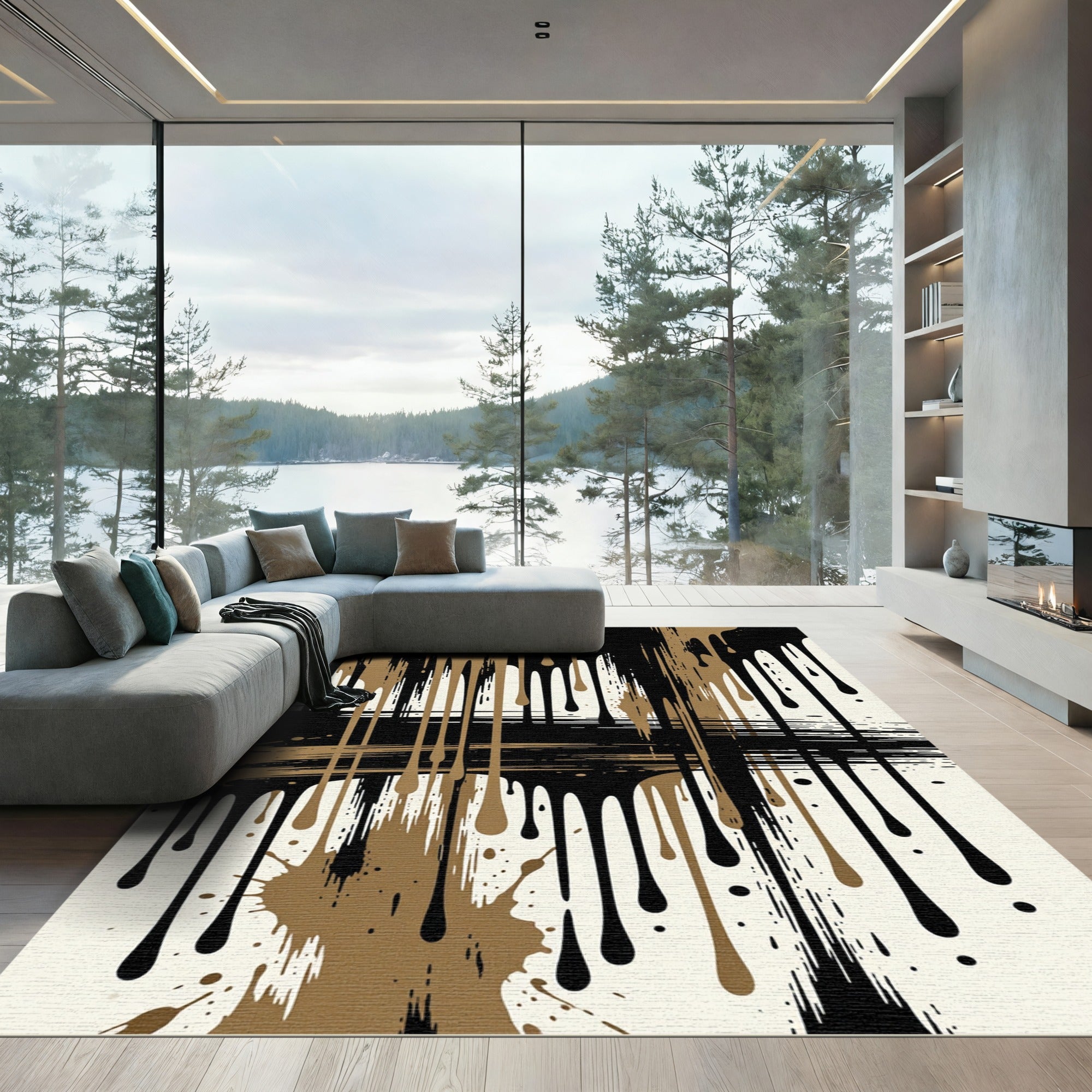 Black and Gold Abstract Ink Drip Rug