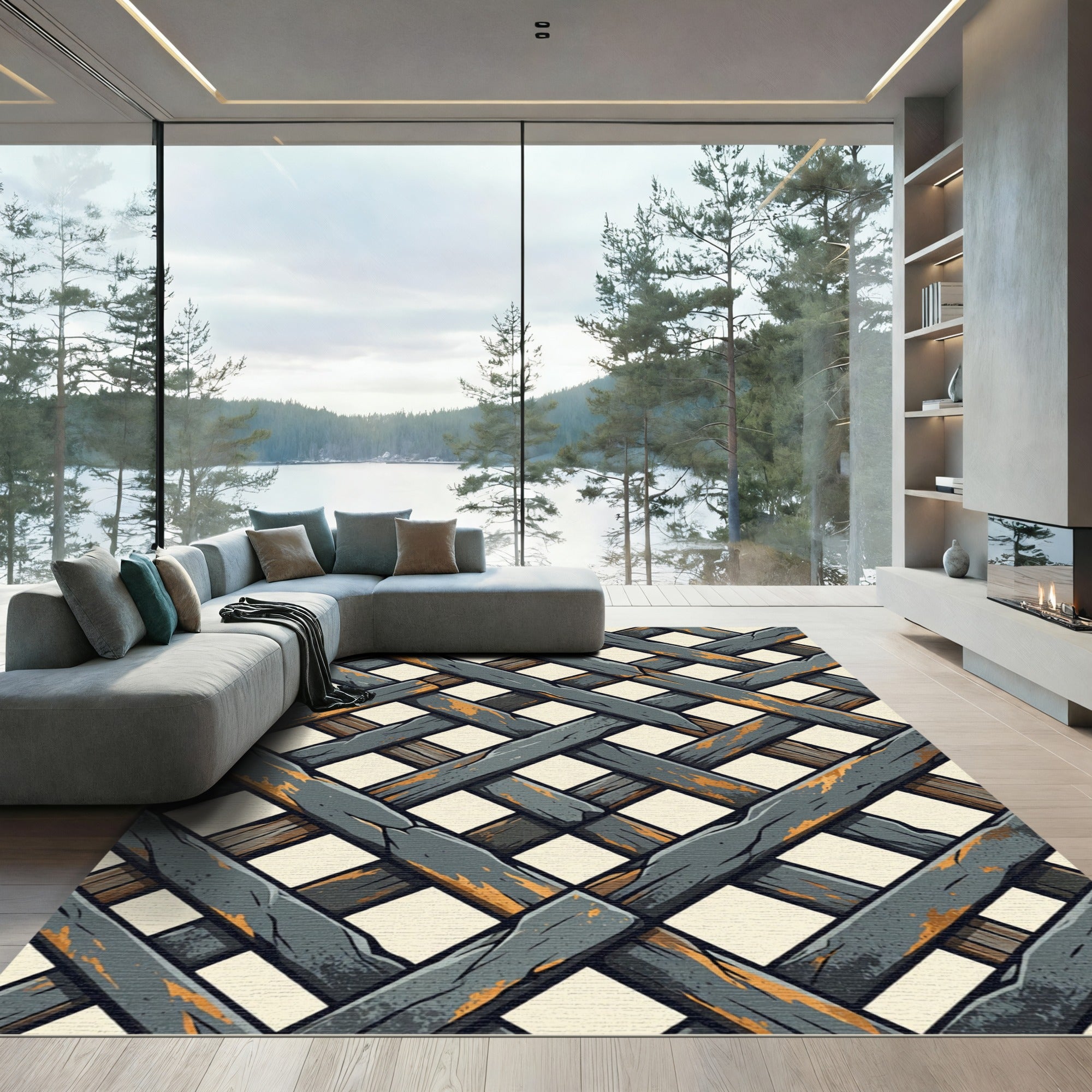 Distressed Gray Woven Lattice Grid Rug