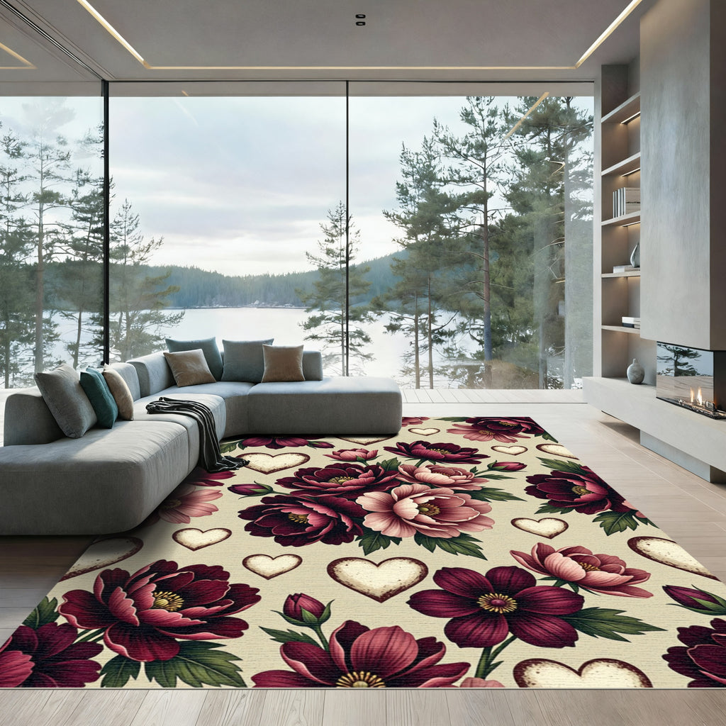 Romantic Burgundy Floral Heart Collection Rug