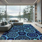 Navy Blue Geometric Hexagon Floral Rug