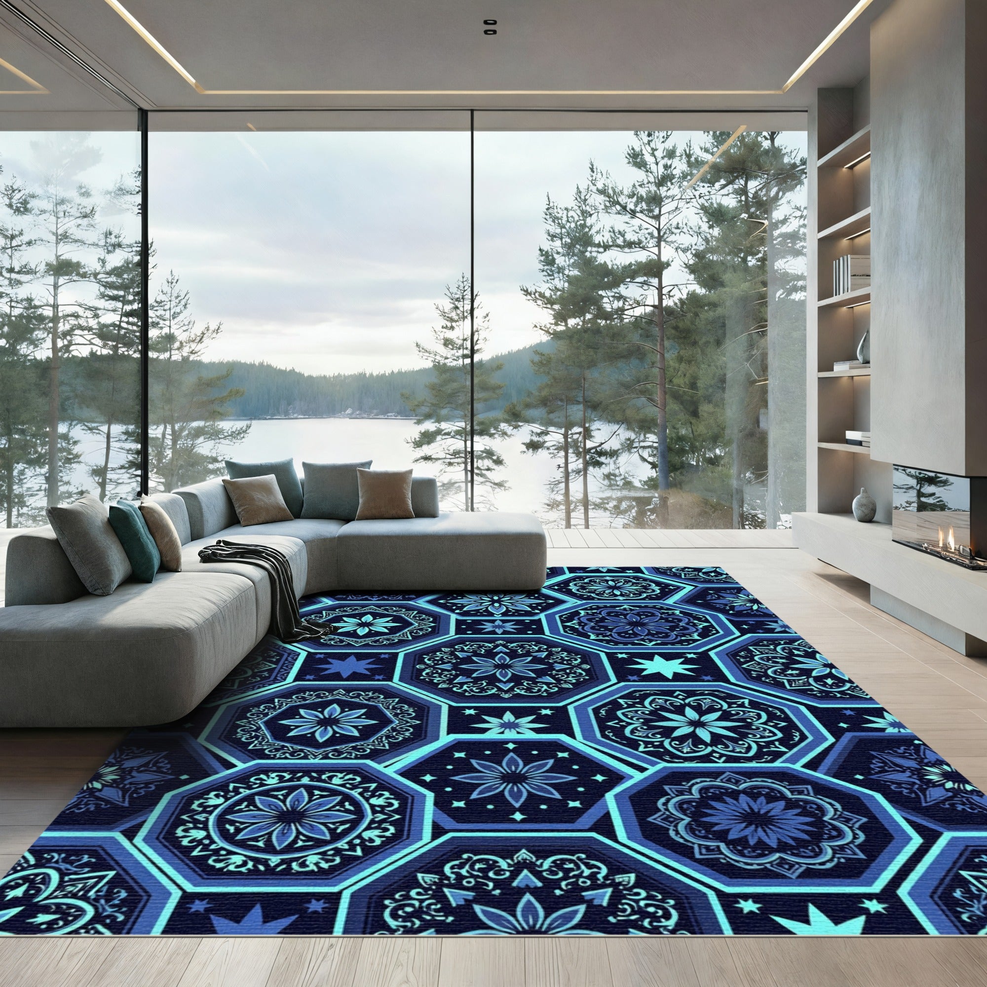 Navy Blue Geometric Hexagon Floral Rug