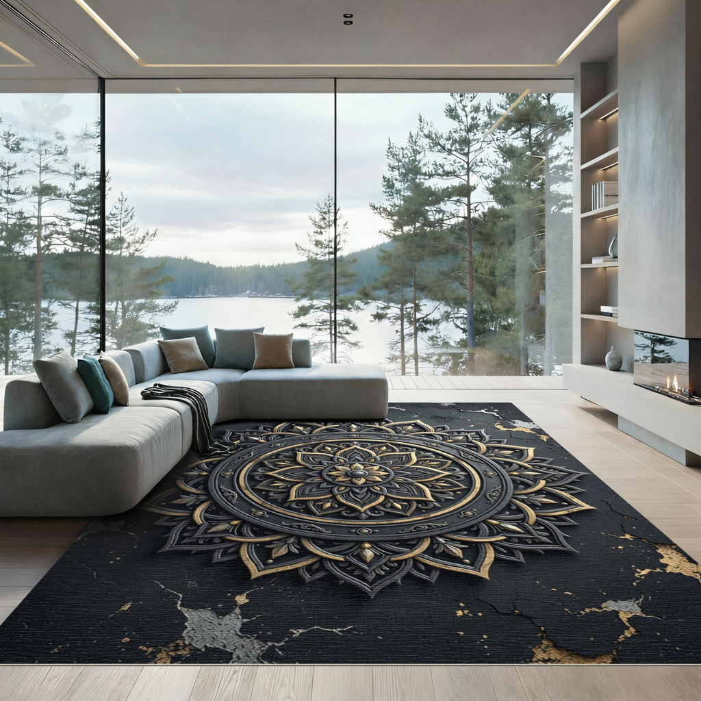 Elegant Black Gold Metallic Mandala Rug