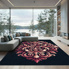 Ornate Crimson and Gold Scrollwork Arrangement Rug
