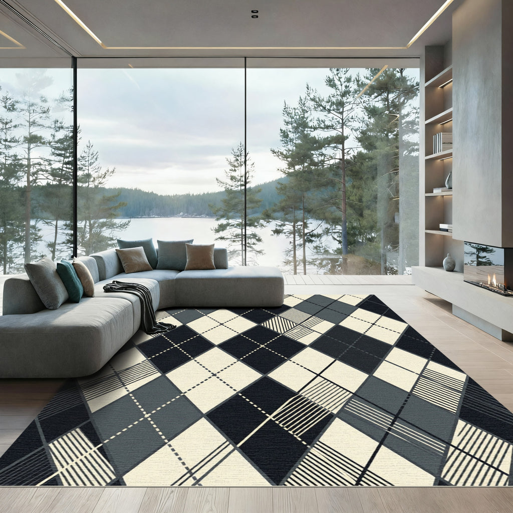 Sophisticated Charcoal and Cream Argyle Geometric Rug
