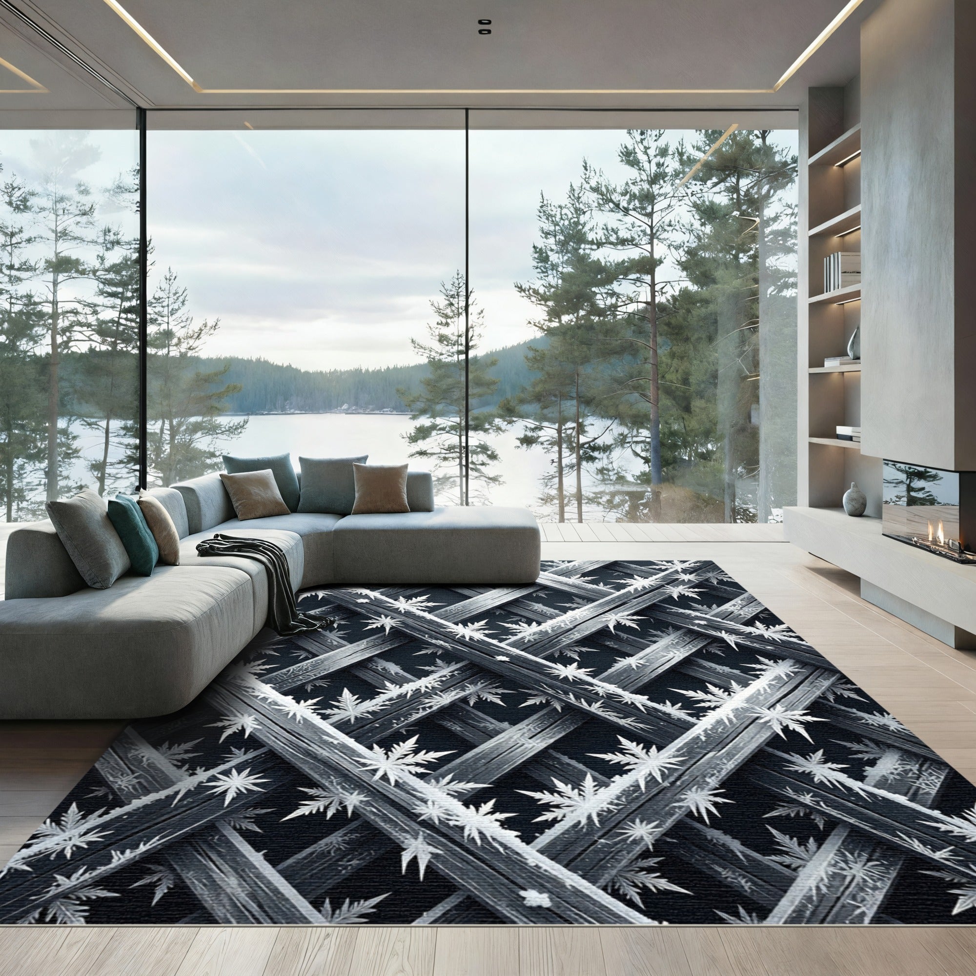 Frosted Charcoal Geometric Snowflake Grid Rug