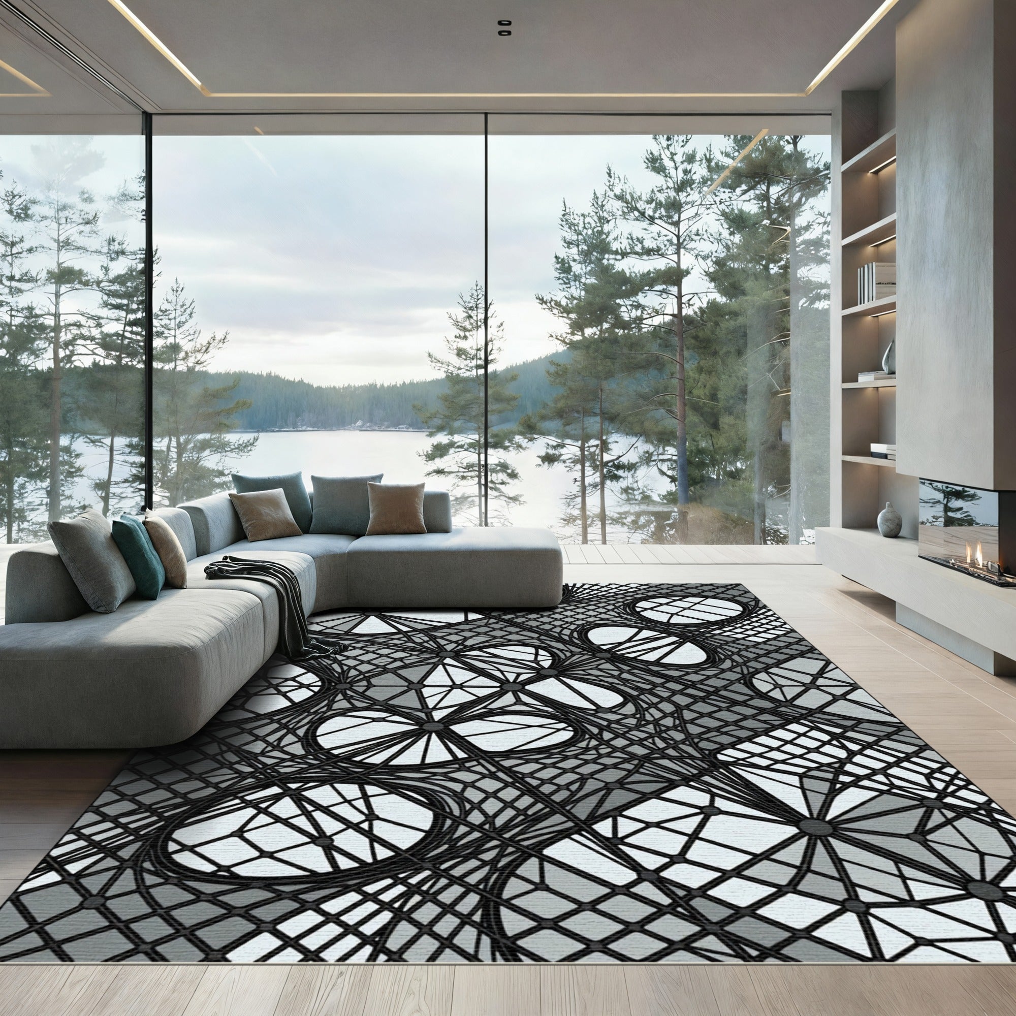 Monochromatic Abstract Geometric Web Grid Rug
