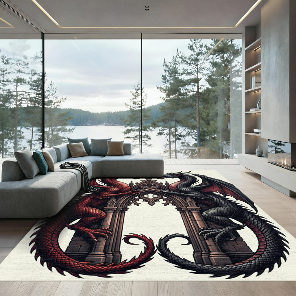 Gothic Dual Dragon Crimson Obsidian Arch Rug