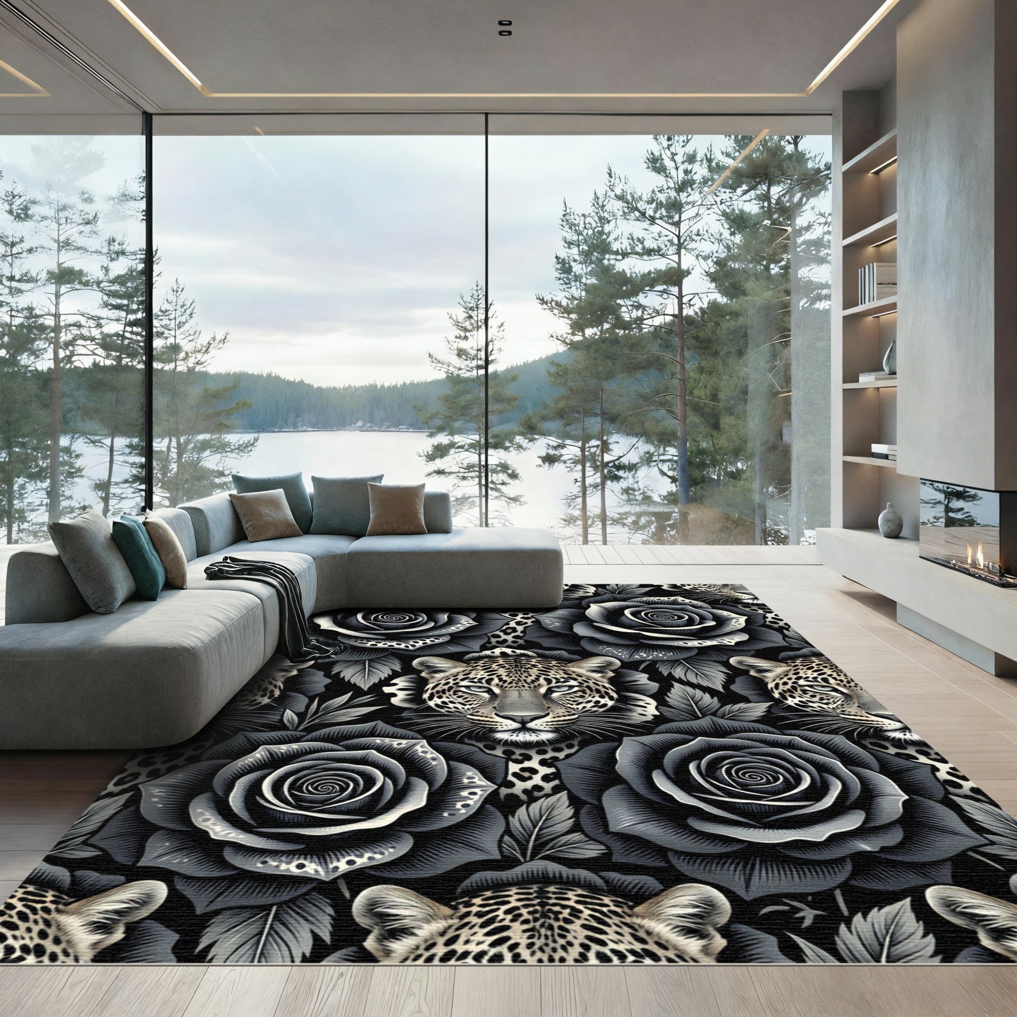 Dark Gray Leopard Rose Collage Rug
