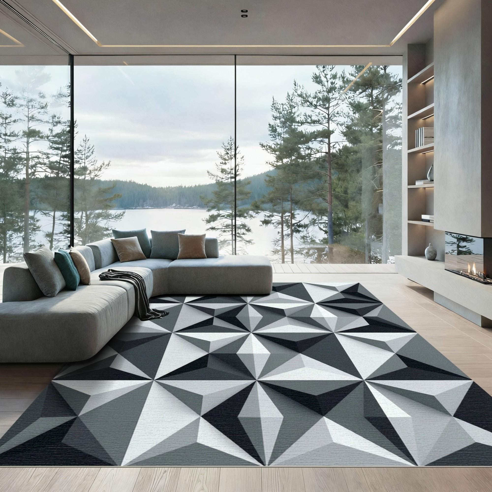 Modern Monochromatic Geometric Three Dimensional Prism Rug