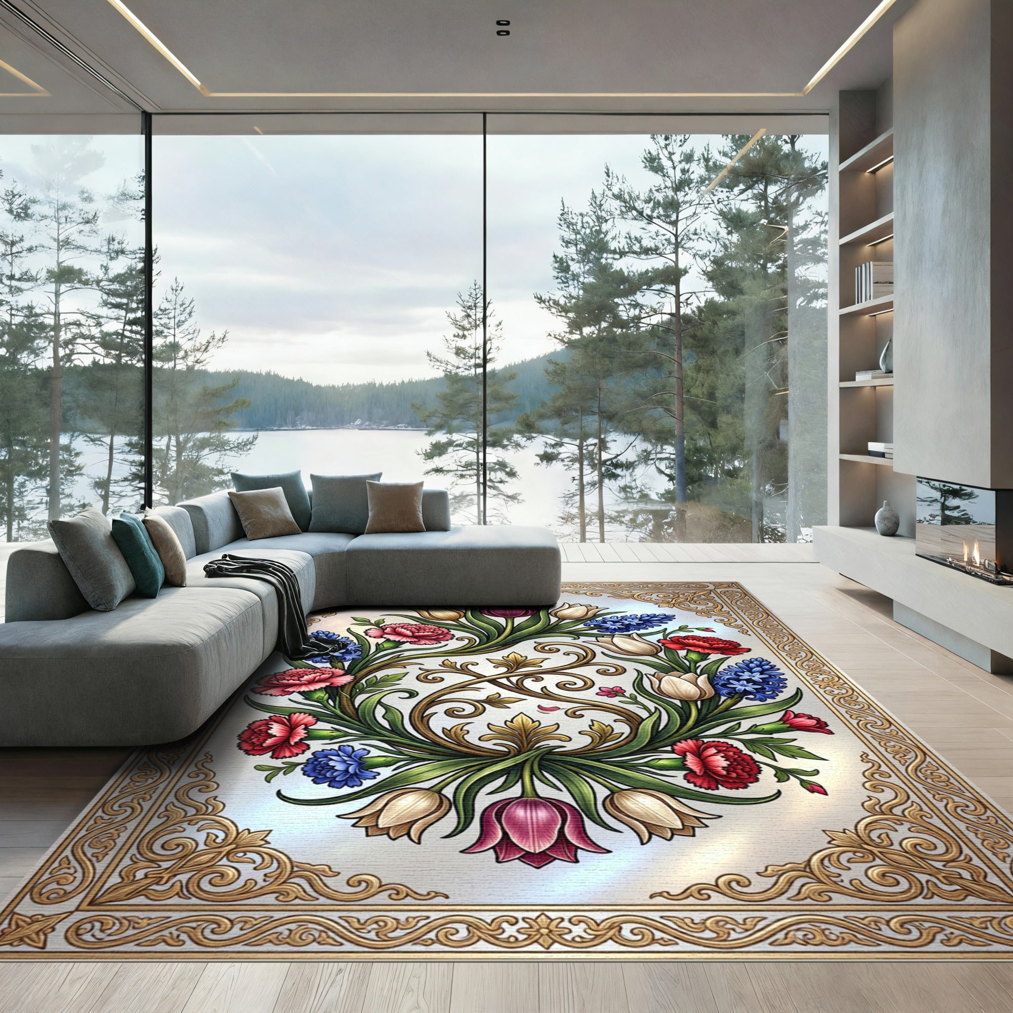 Elegant Baroque Floral Wreath Medallion Rug