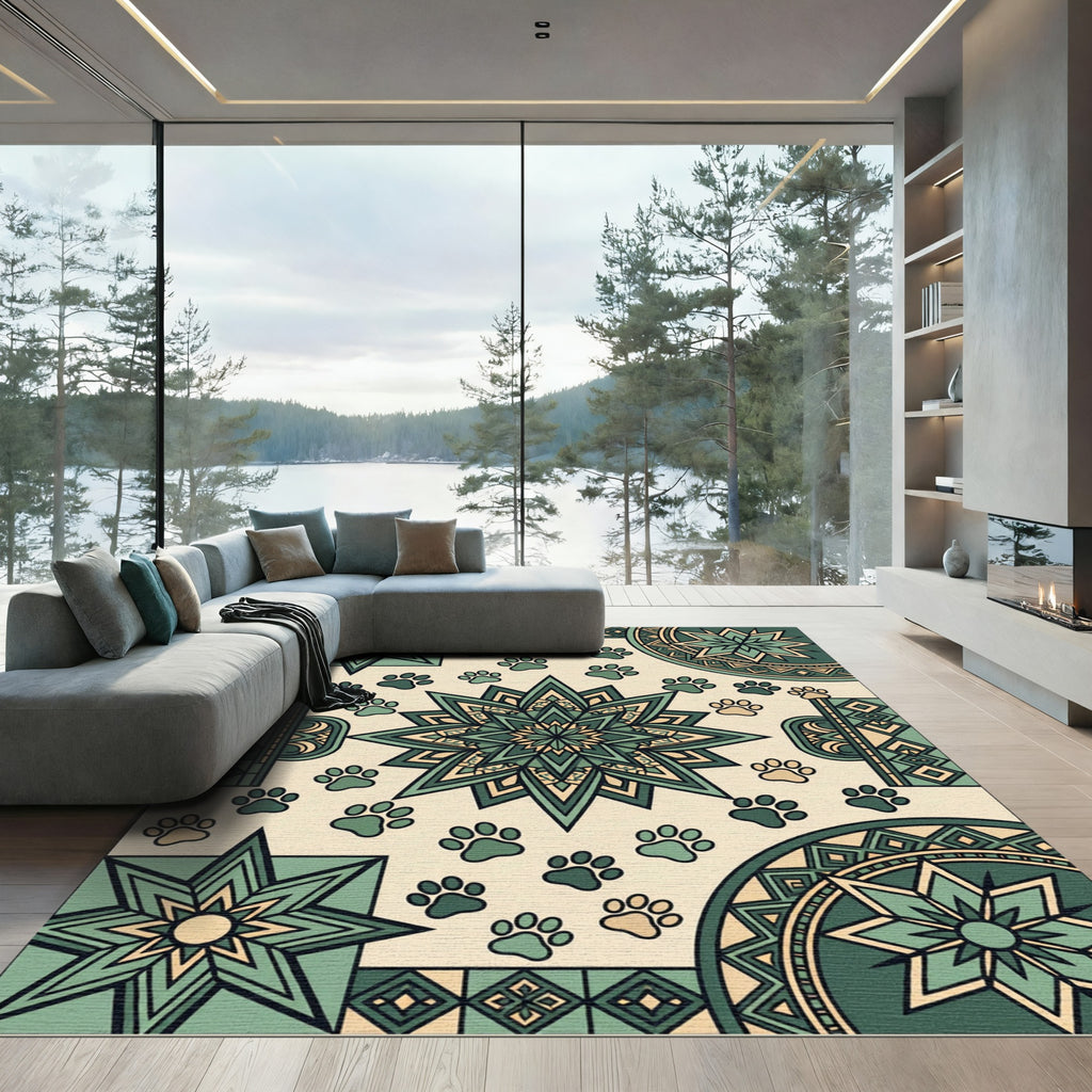 Sage Green Geometric Paw Star Floor Rug