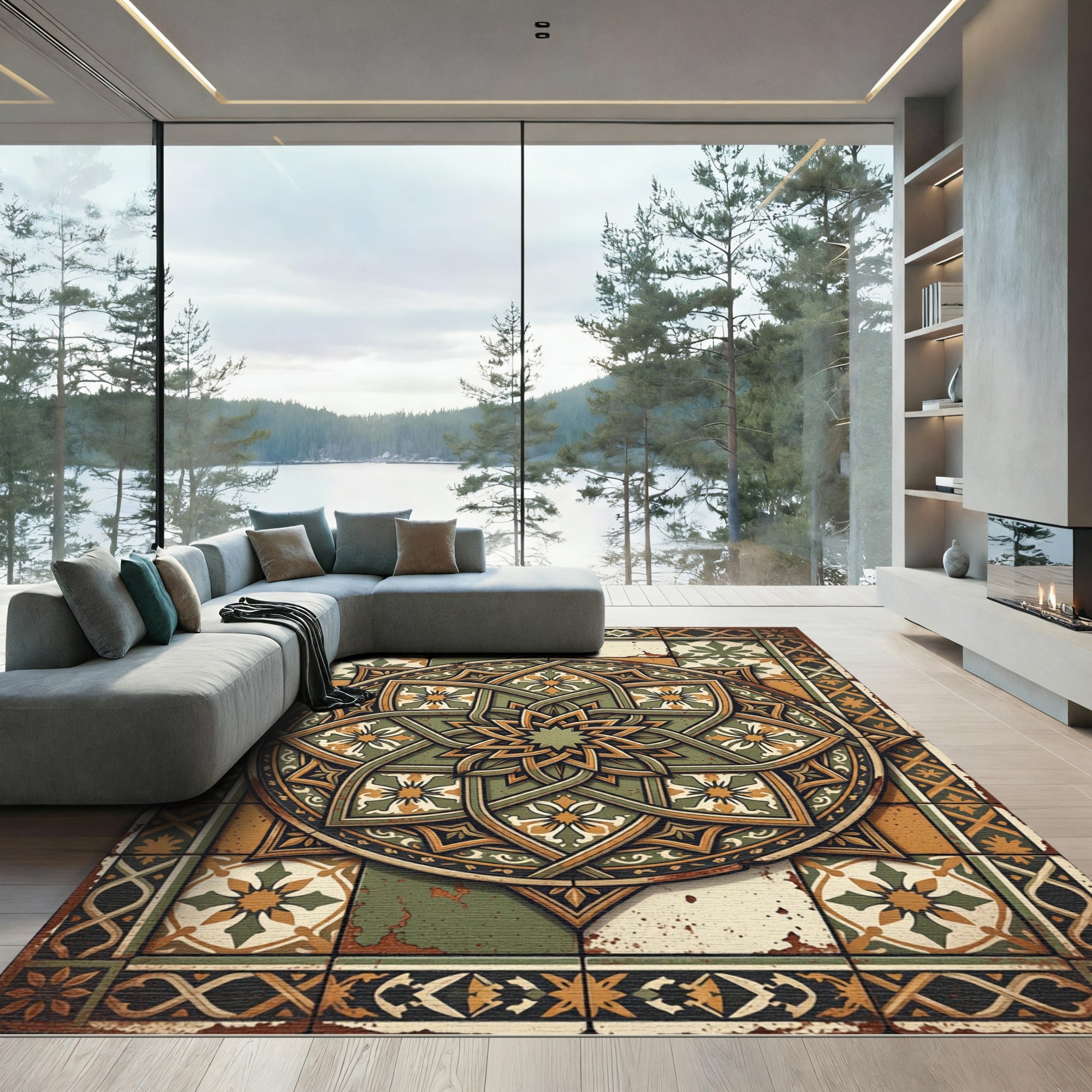 Earthy Green Geometric Star Medallion Rug