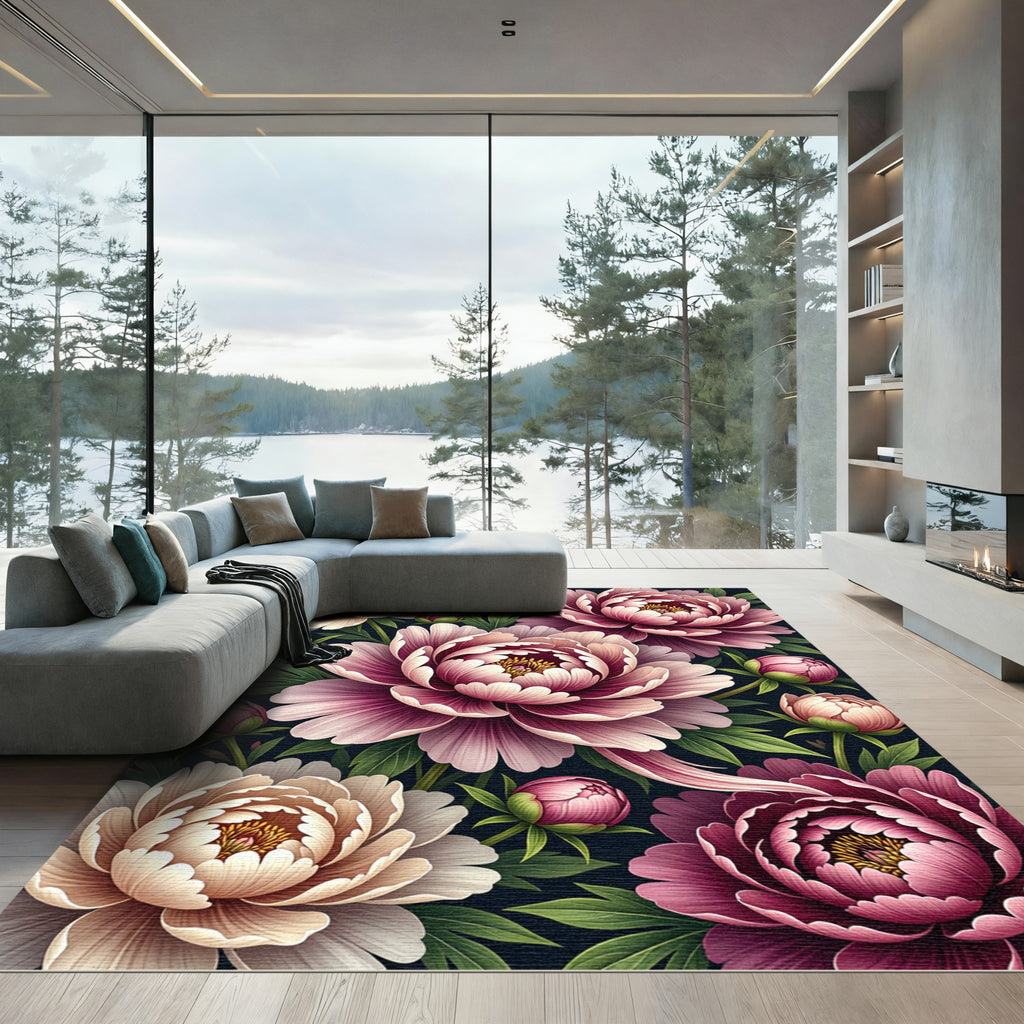 Rich Plum Pink Peony Floral Explosion Rug