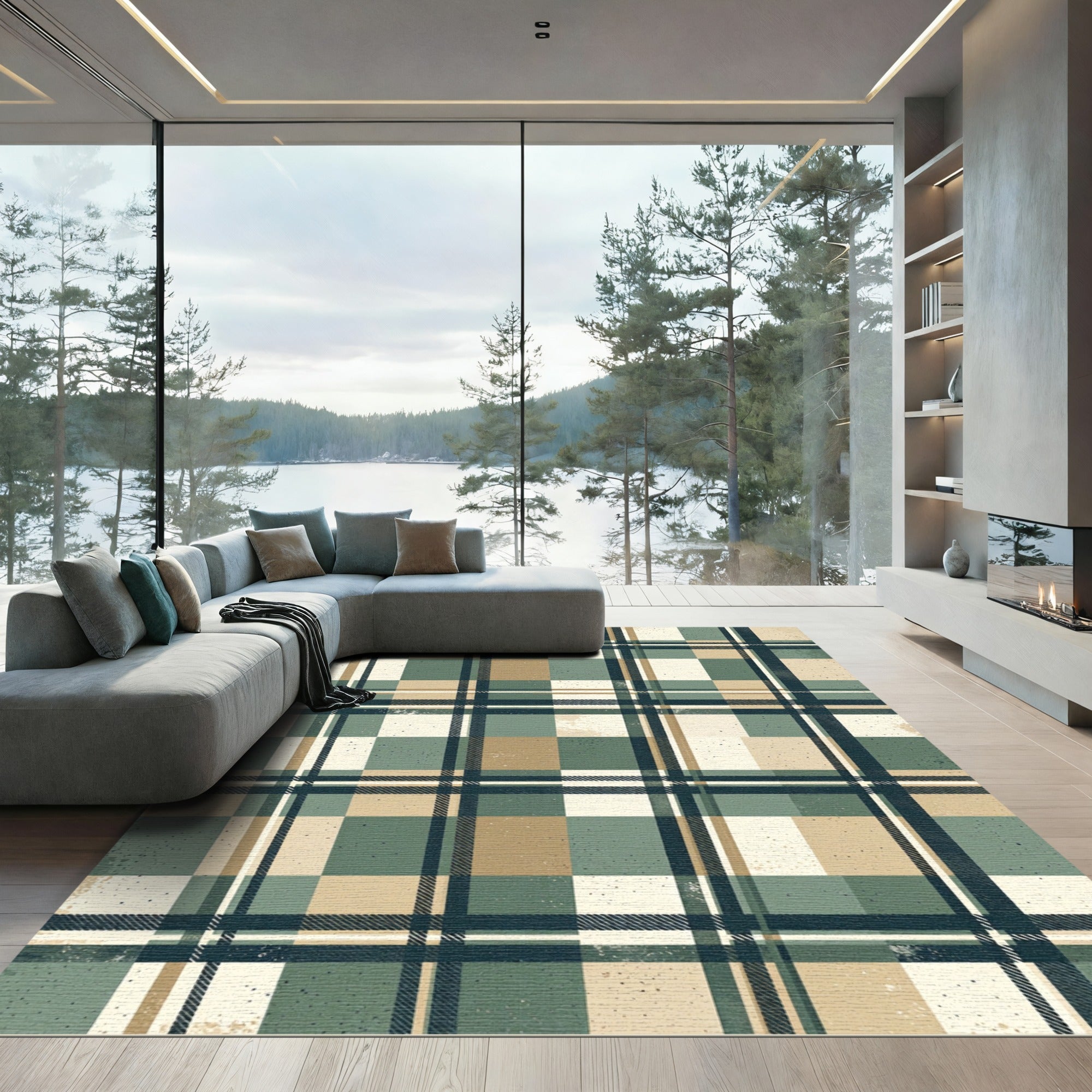 Sage Green and Tan Plaid Grid Rug