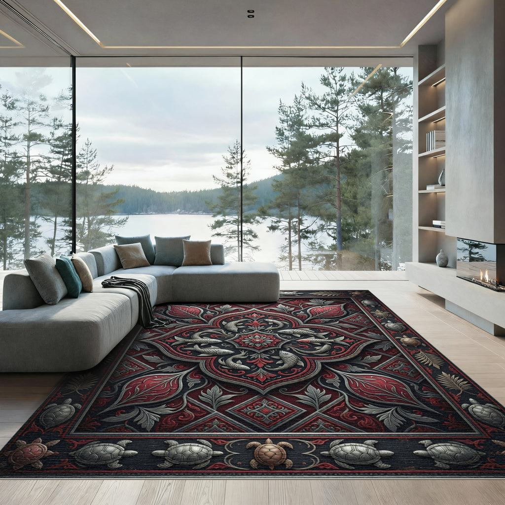 Ornate Crimson Sea Life Medallion Rug