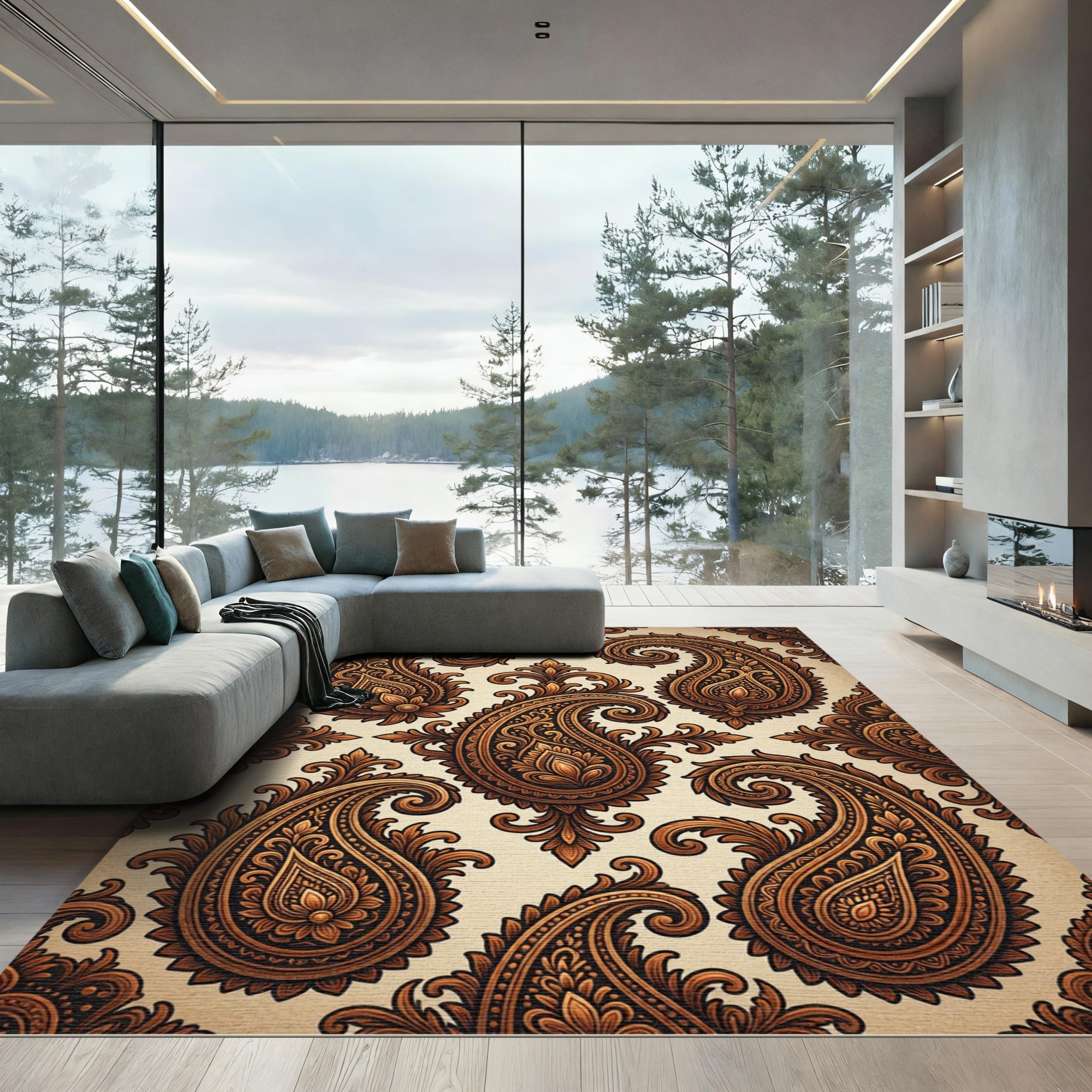 Rich Gold Paisley Floral Swirl Rug