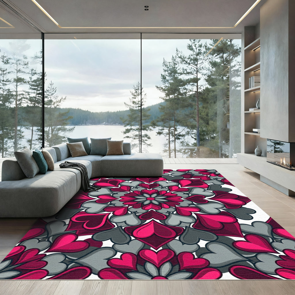 Vibrant Pink and Gray Heart Mandala Rug