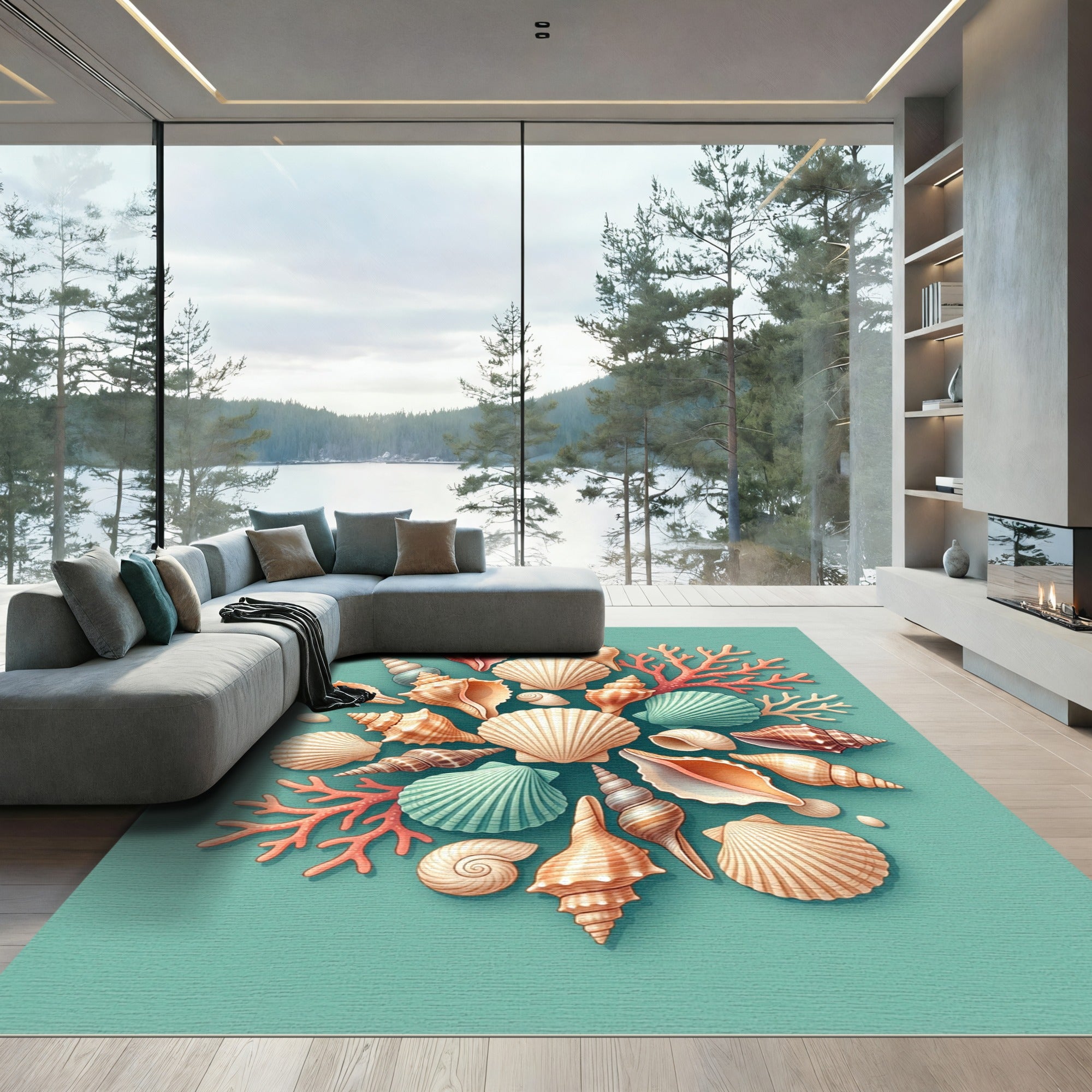 Coastal Teal Shell and Coral Arrangement Rug