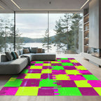 Electric Neon Glitch Checkerboard Abstract Square Rug