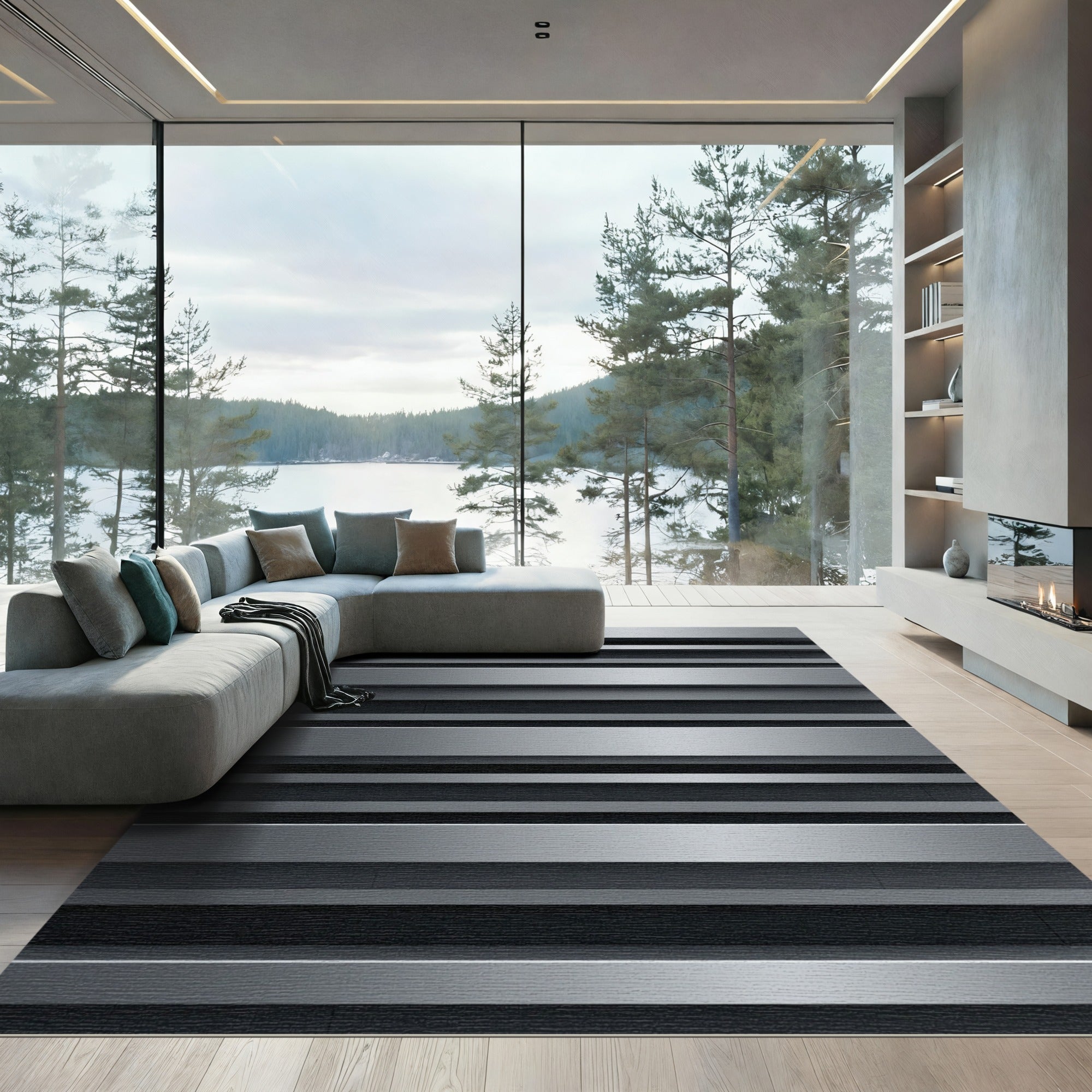 Minimalist Metallic Silver Linear Striped Rug