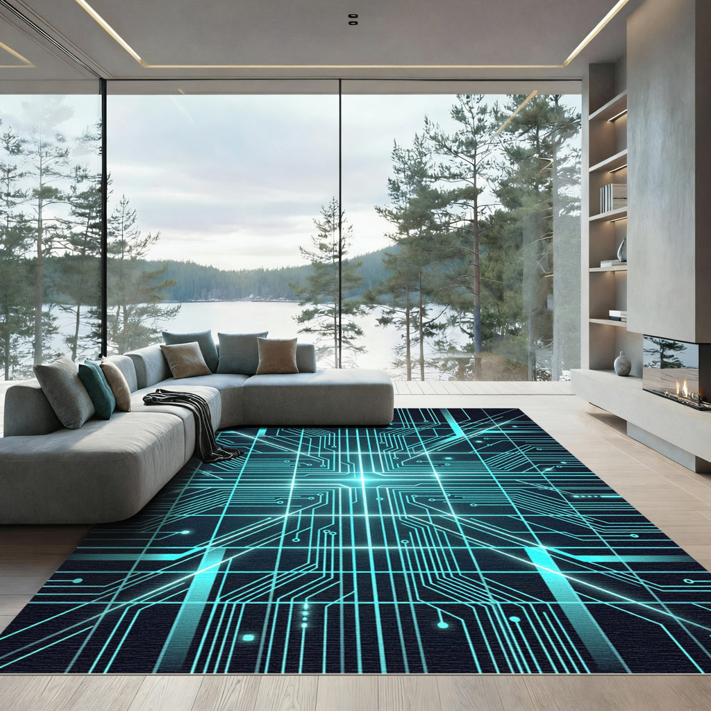 Luminous Cyan Cyber Circuit Grid Rug