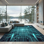 Luminous Cyan Cyber Circuit Grid Rug