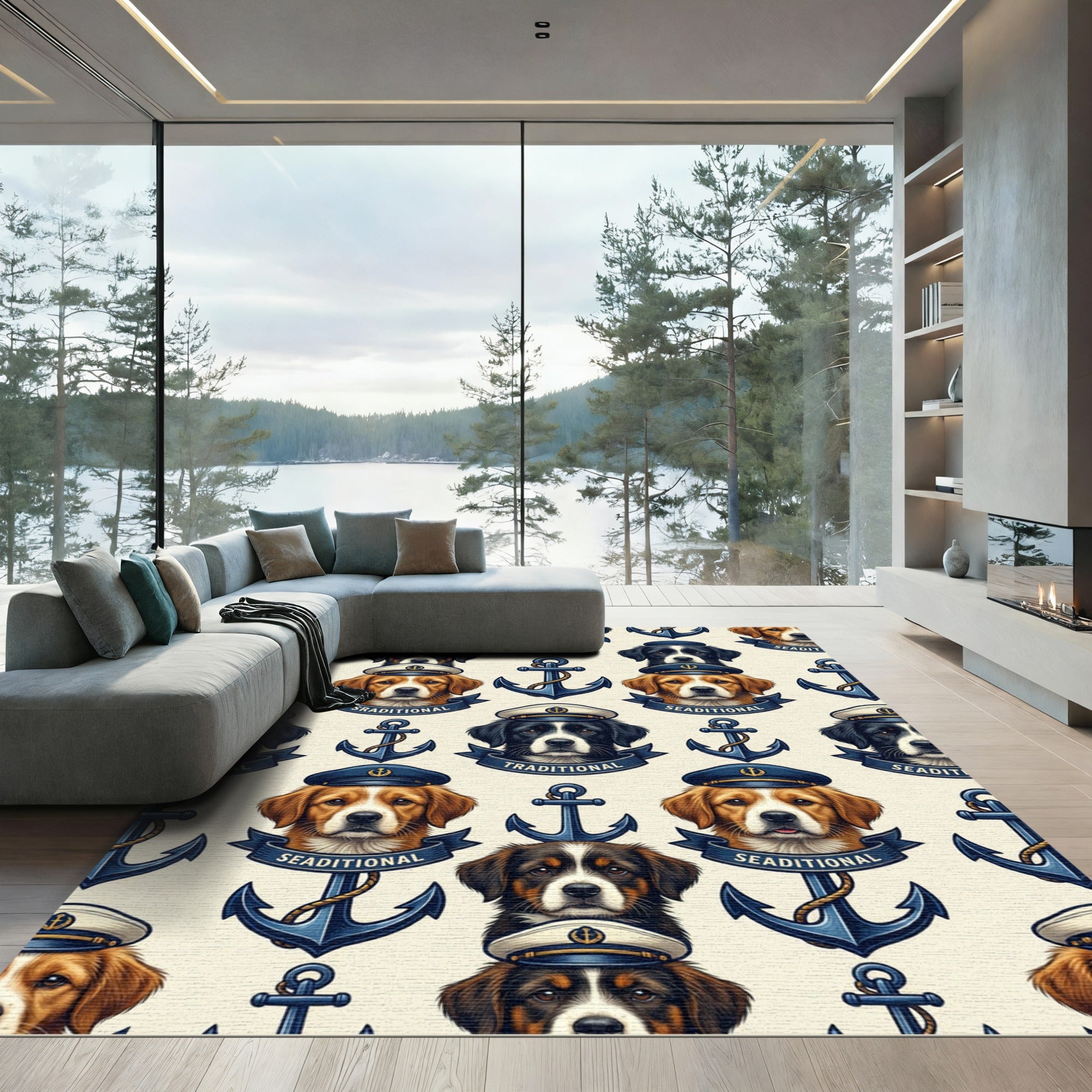 Nautical Dog Captain Anchor Cream Rug