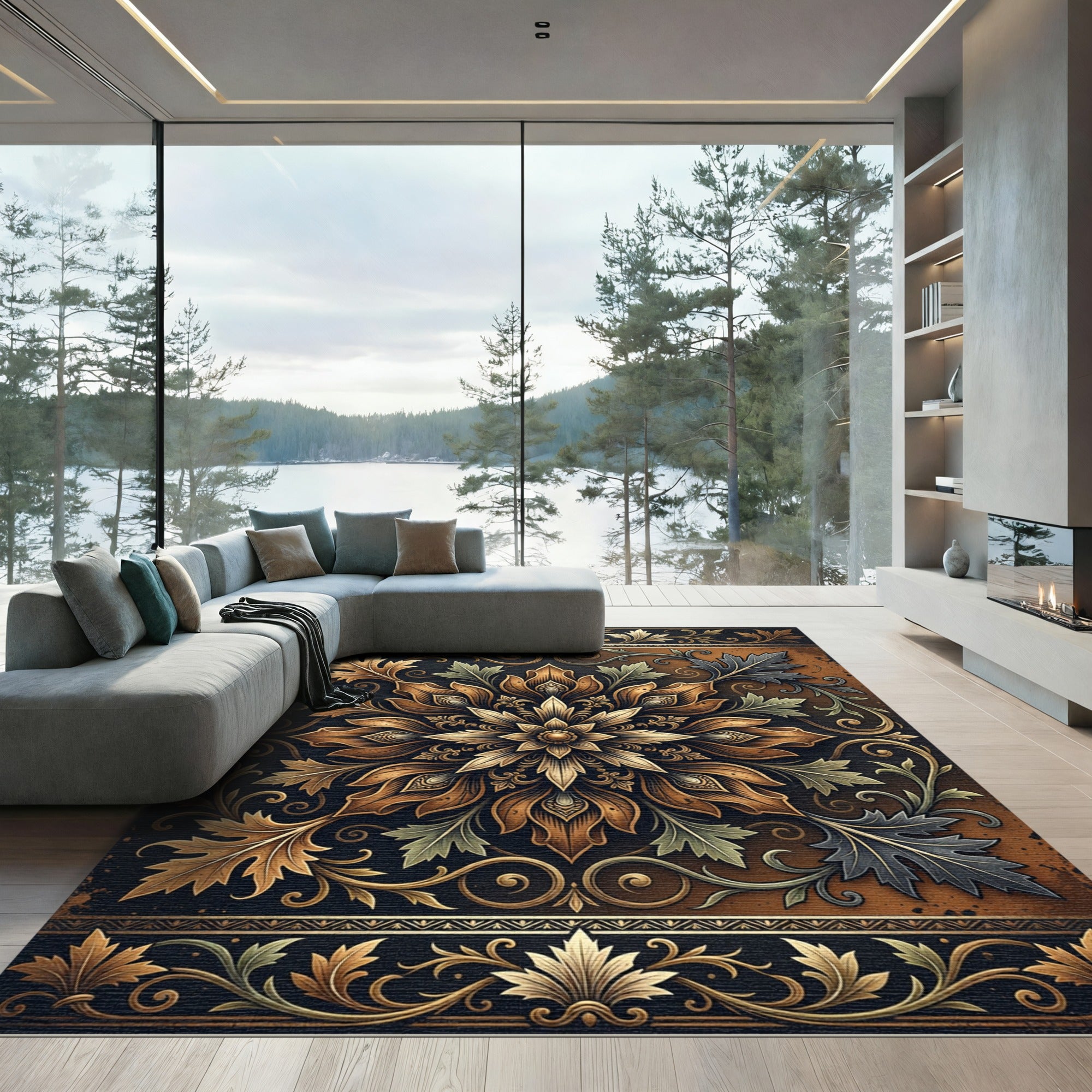 Ornate Bronze Floral Damask Medallion Rug