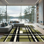Olive and Black Distressed Plaid Grid Rug