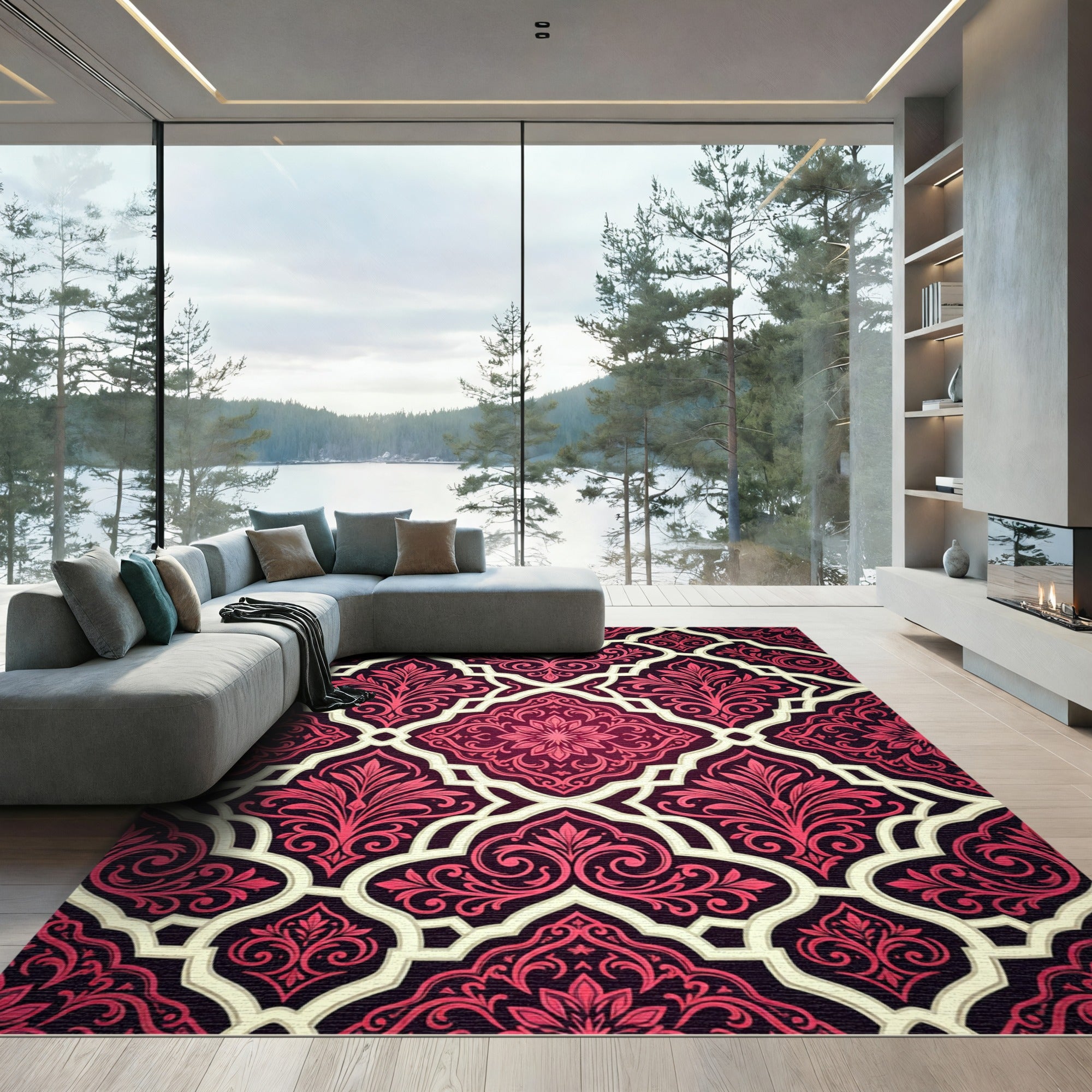 Burgundy Floral Damask Medallion Rug