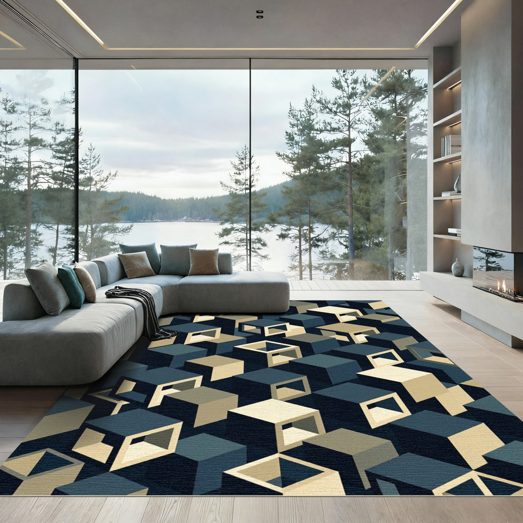 Modern Isometric Cube Geometric Navy Sage Rug