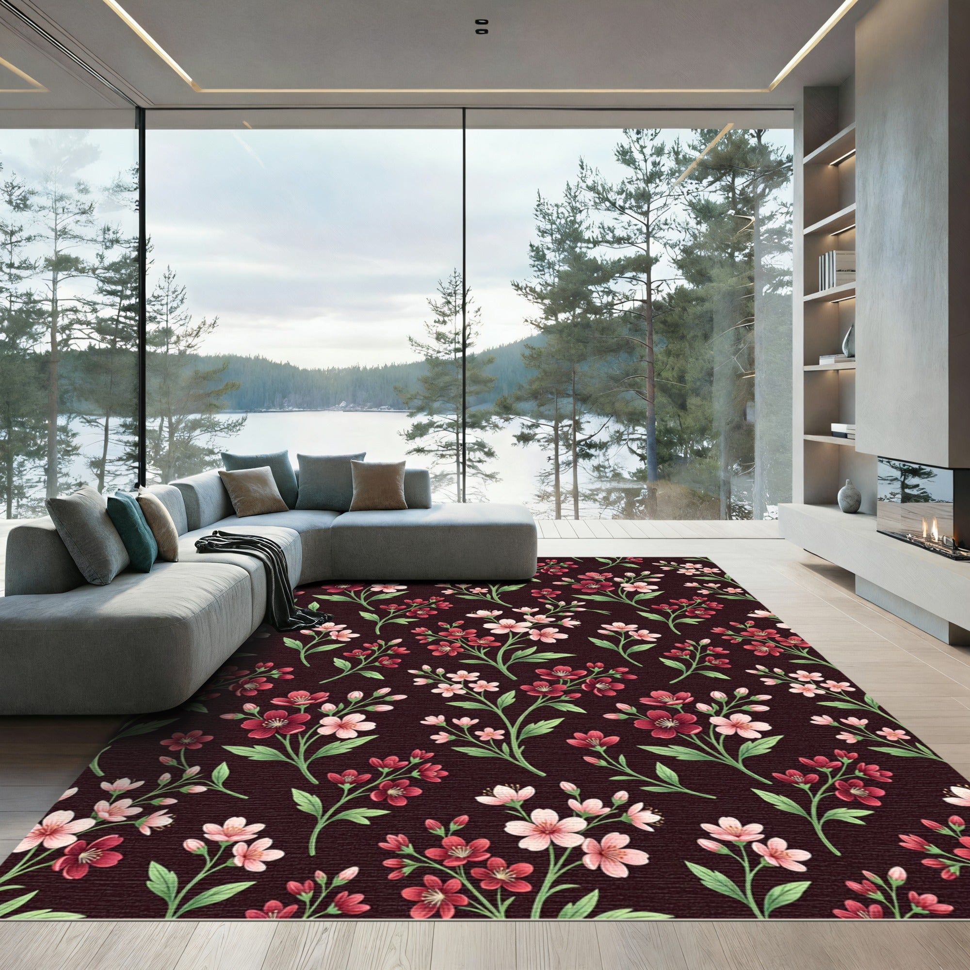Crimson Cherry Blossom Branches Rug