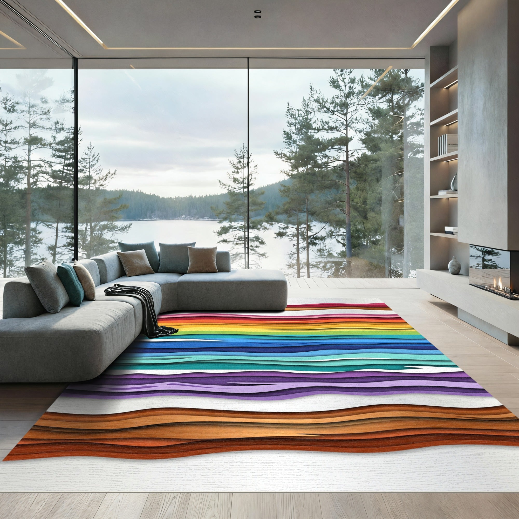 Vibrant Rainbow Wavy Layers Rug