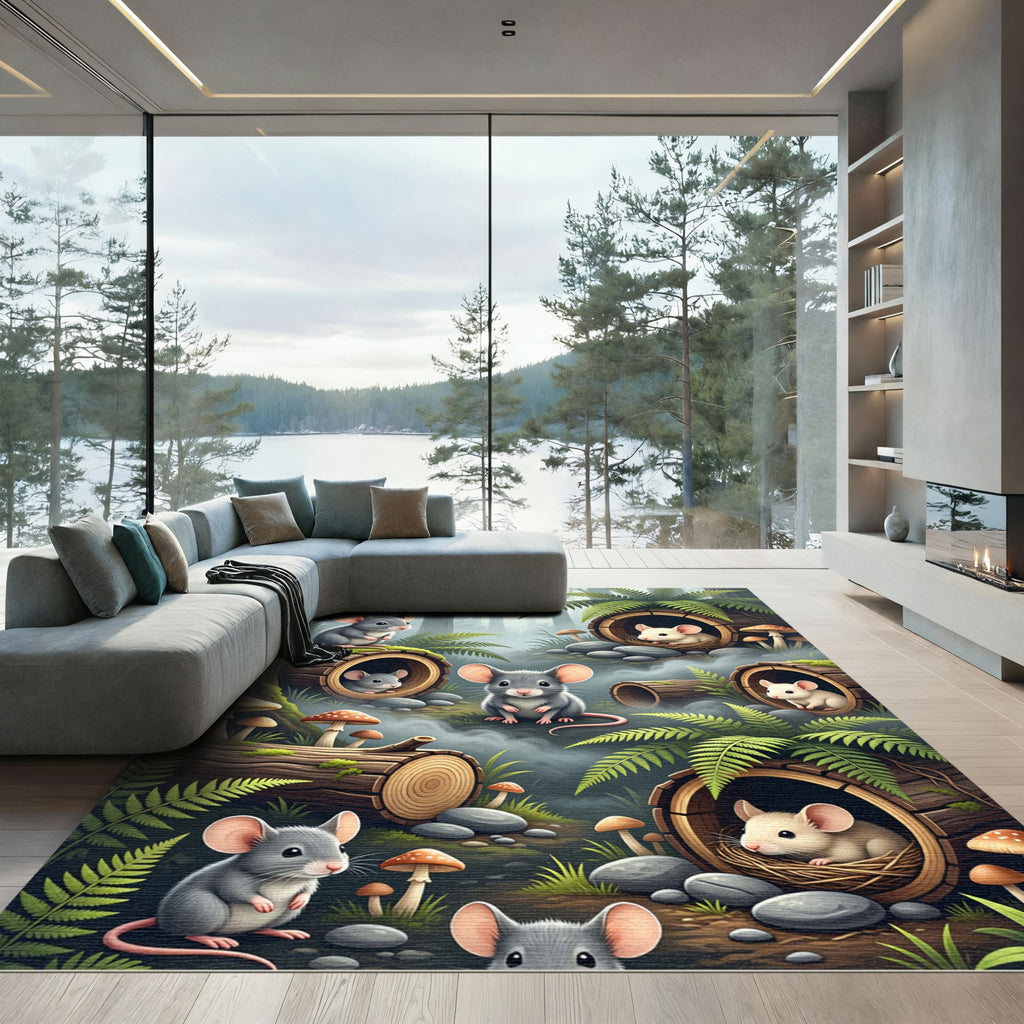Whimsical Mouse Woodland Forest Scene Rug