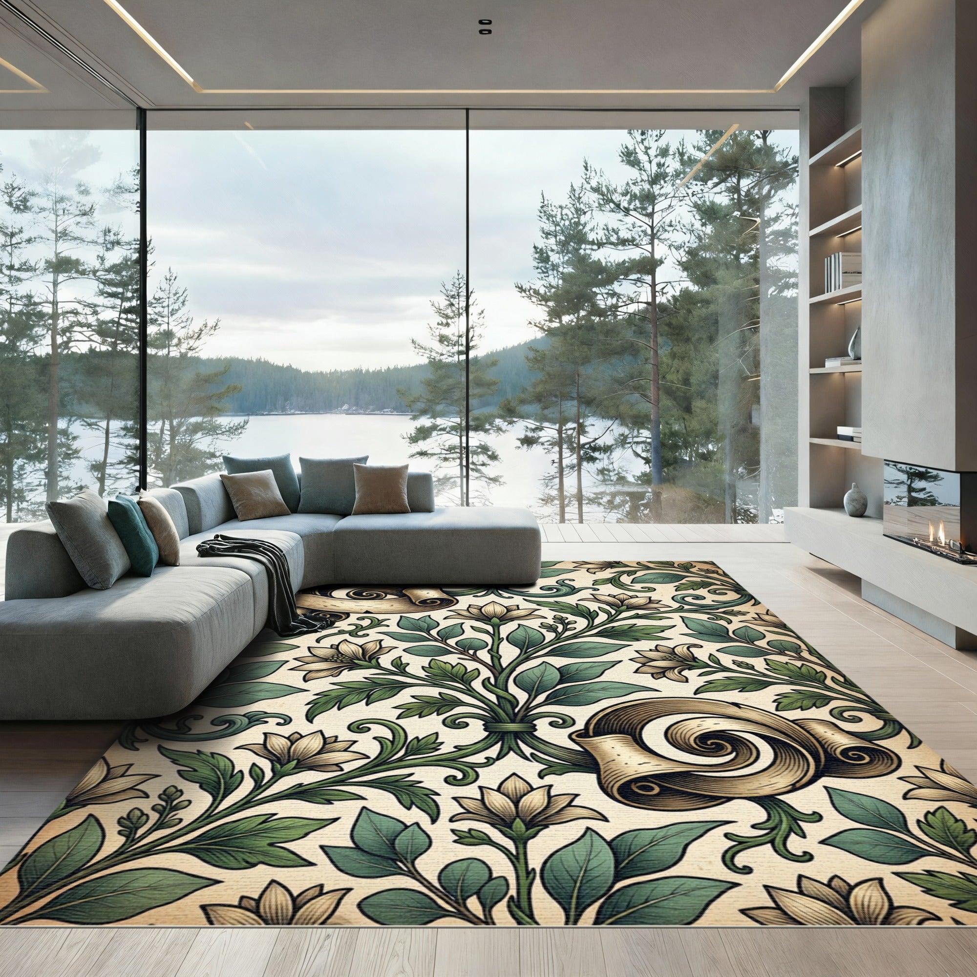 Vintage Botanical Scroll Floral Art Rug