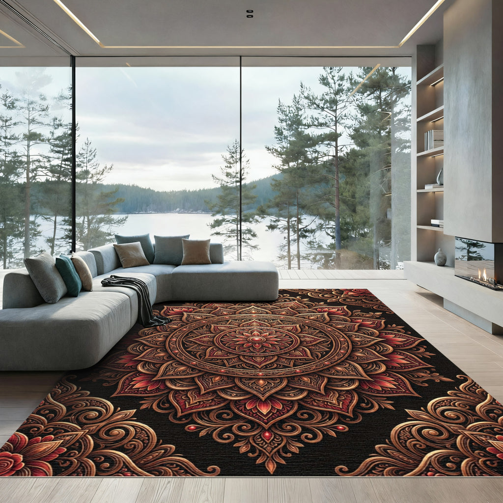 Intricate Crimson Floral Mandala Rug