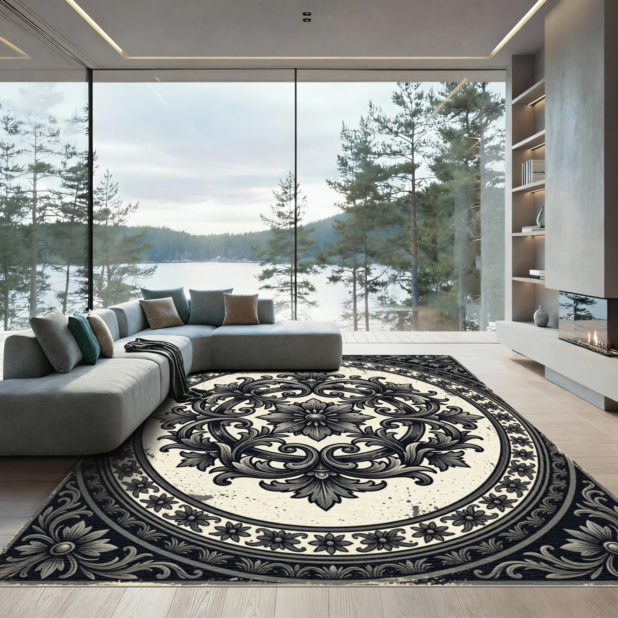 Ornate Damask Charcoal Floral Medallion Rug