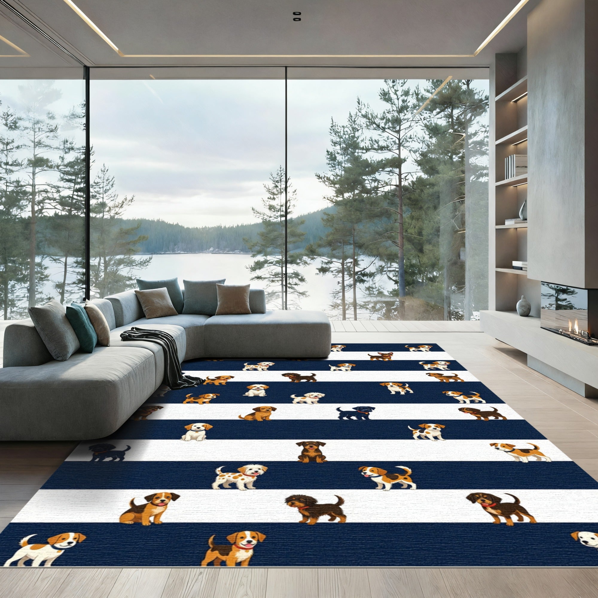 Playful Puppy Striped Navy Area Rug