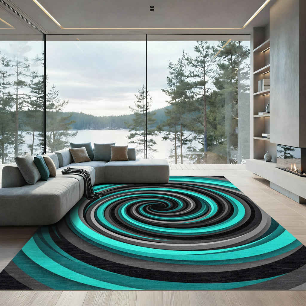 Modern Teal and Gray Hypnotic Spiral Rug