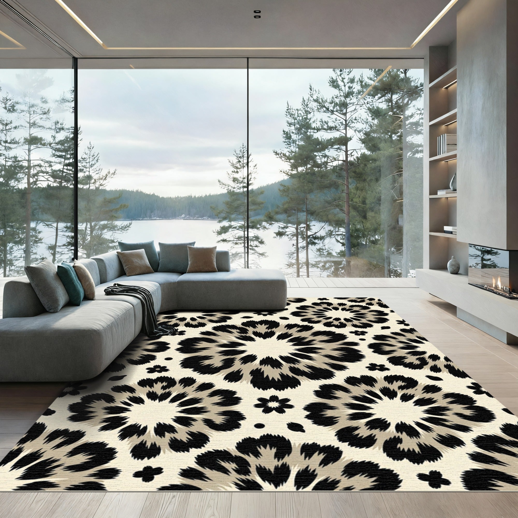 Bold Black Blossom Medallion Rug