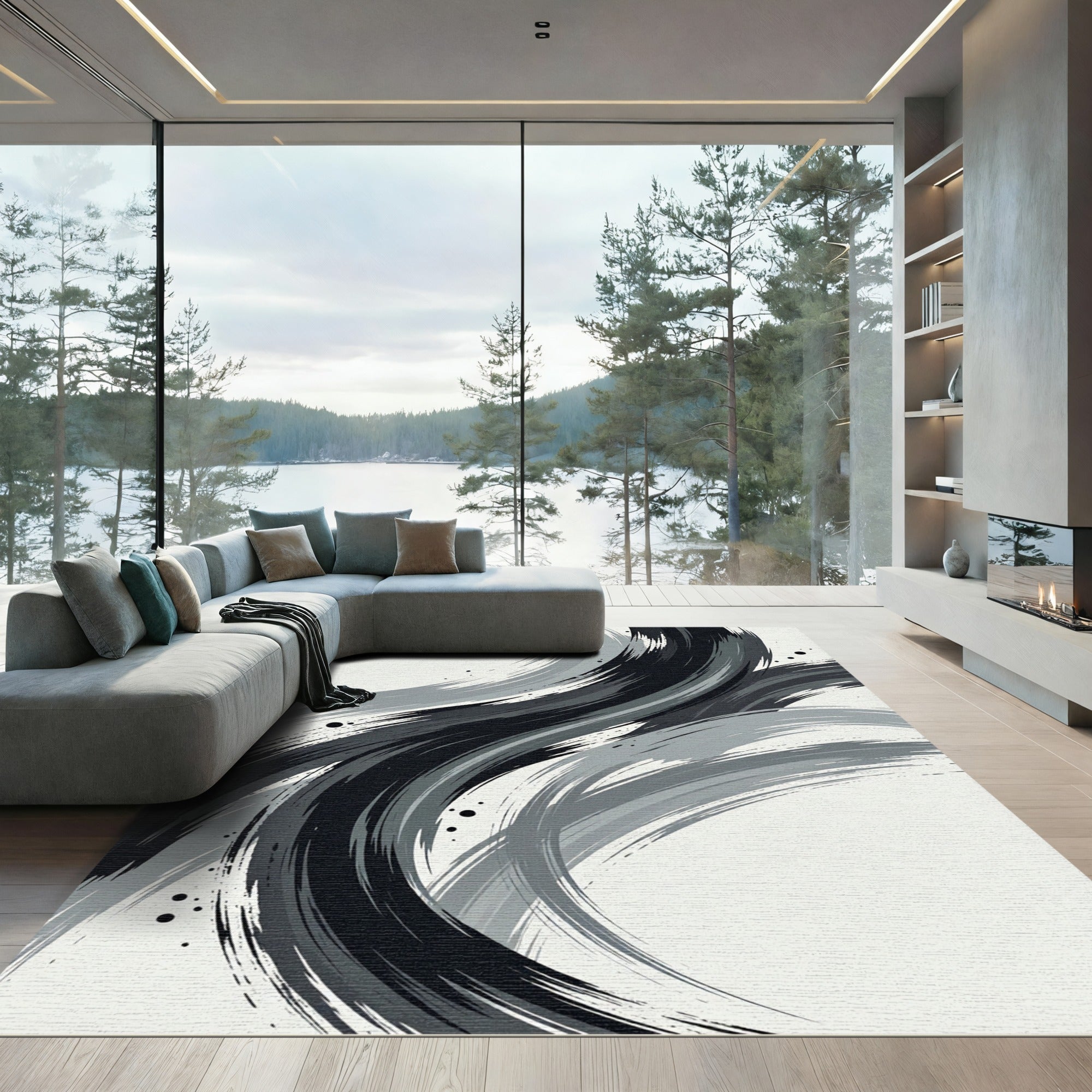 Monochromatic Swirl Abstract Brushstrokes Rug