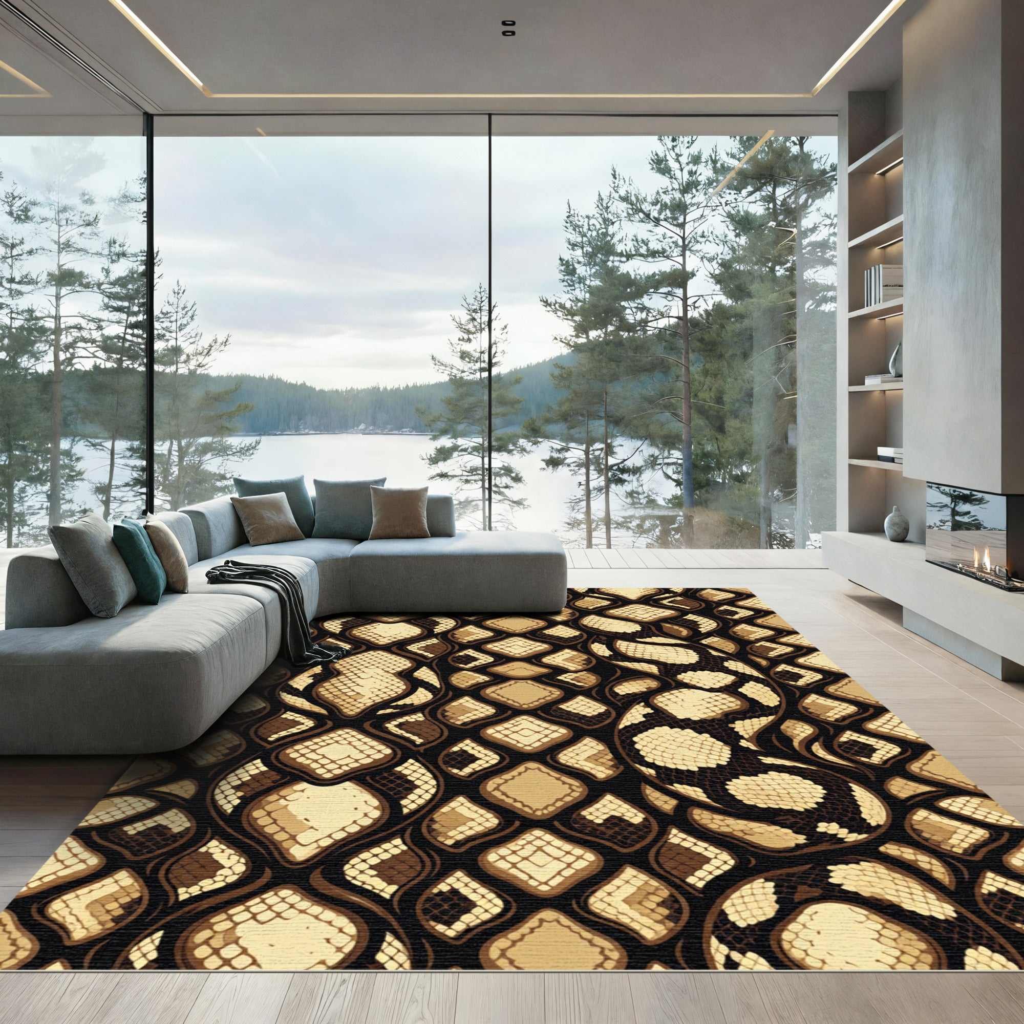 Luxurious Beige and Ebony Serpent Skin Rug