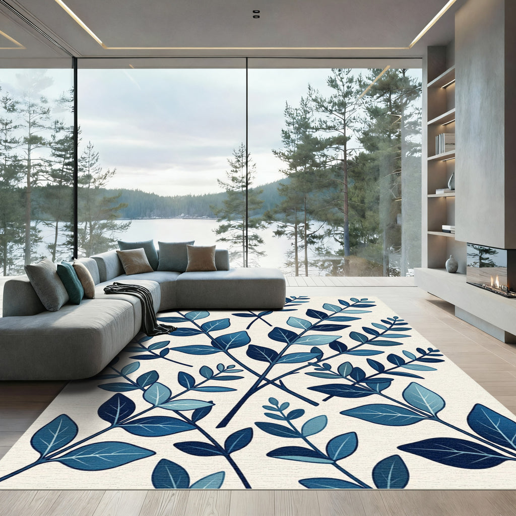Deep Blue Leafy Branches Repeating Scene Rug