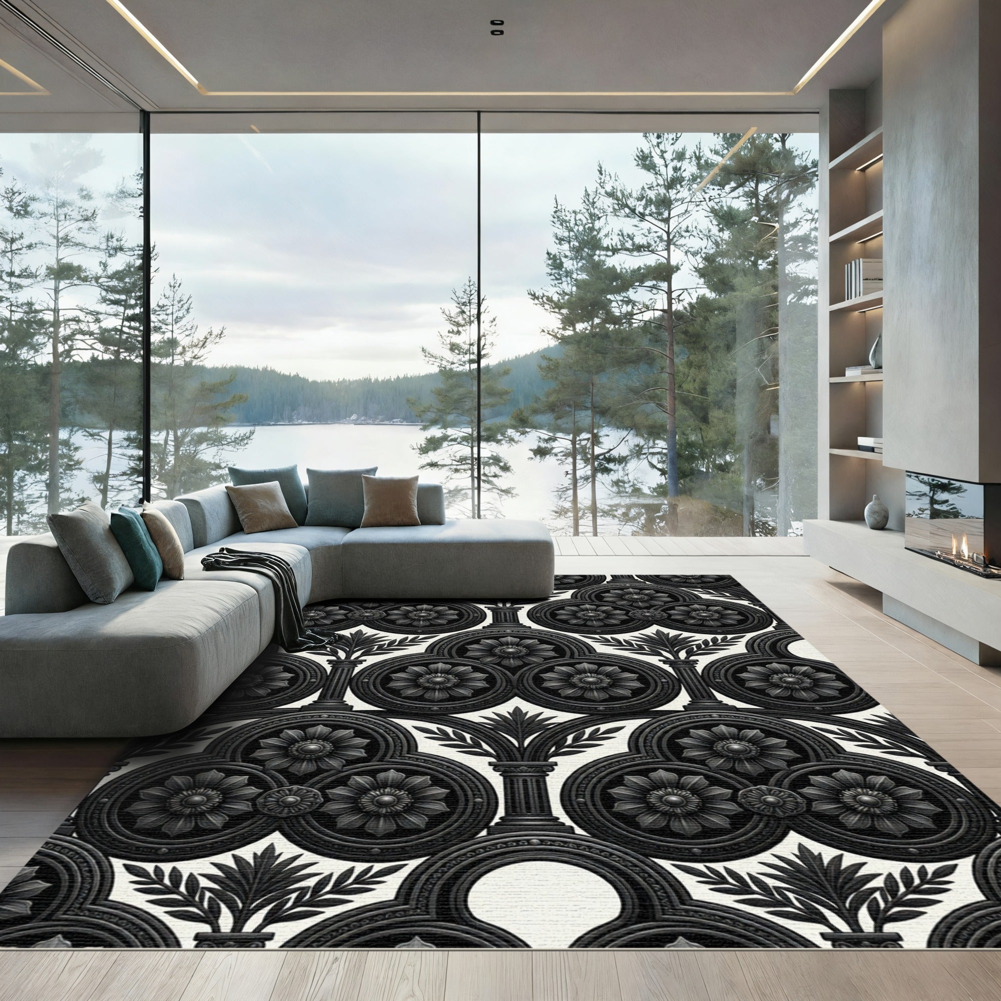 Ornate Black Floral Archway Rug